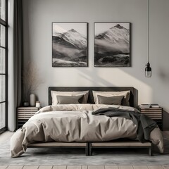 Bedroom scene, The furniture is minimalistic and functional, with a focus on simplicity and elegance. The bed takes up most of the visual space , Generative Ai 