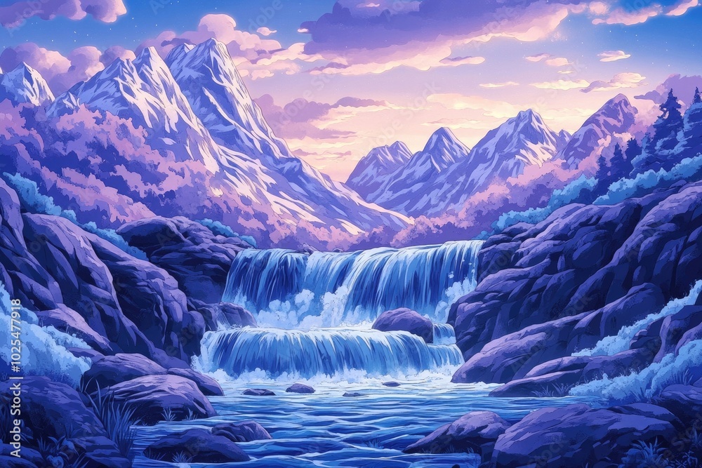 Poster mountain waterfall cascading down rocky cliffs in a serene natural setting, cascading waterfall flow