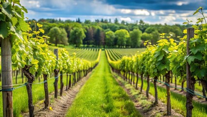 Fototapeta premium Minimalist grape vines growing in vineyard in northern Michigan