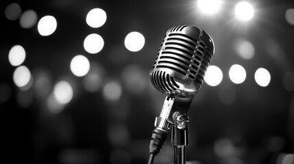 A vintage microphone on a stage ready for a live music performance