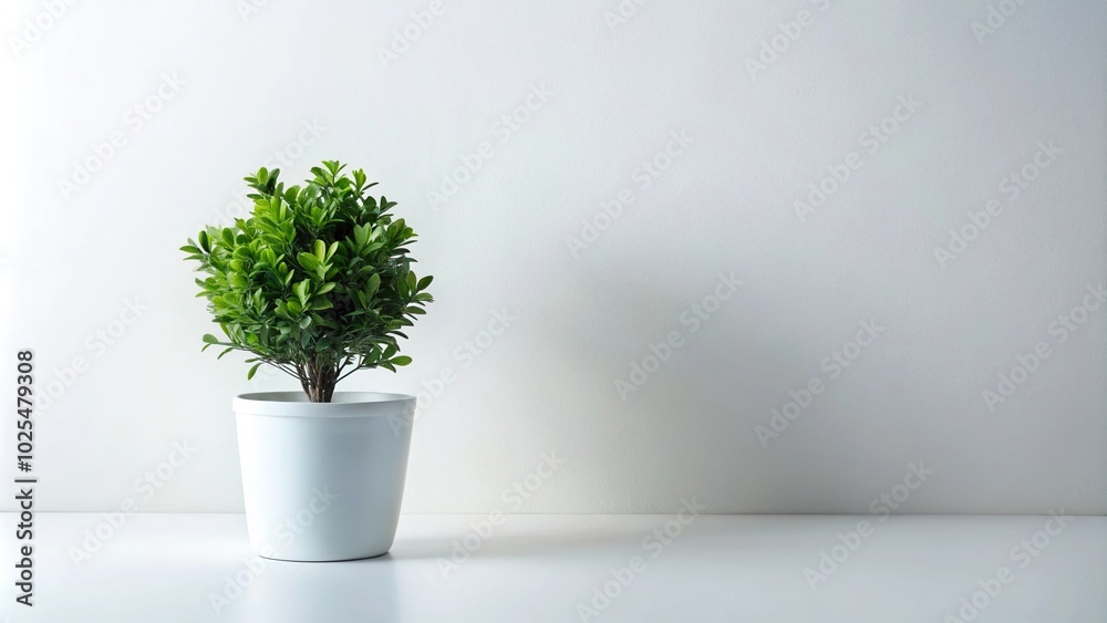 Wall mural minimalist green plant in white pot on clean white background