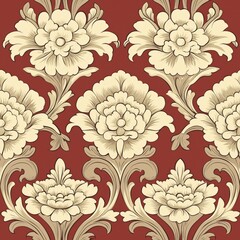 Elegant vintage floral pattern featuring intricate cream-colored flowers & swirling leaves against a rich maroon background. This timeless design classic wallpaper or fabric motifs with regal charm