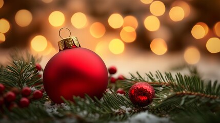 Obraz premium Shimmering Red Ornaments Adorned on Pine Branches for Christmas