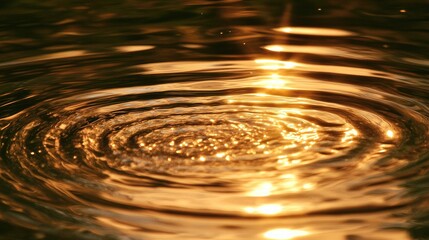 Close-up of golden ripples on a water surface with sunlight reflecting on it.