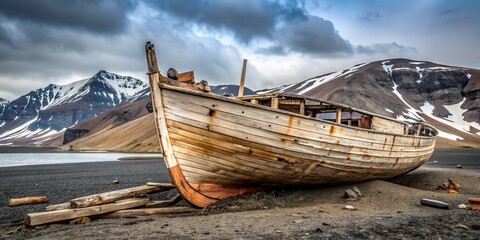 Minimalist historic wooden boat wrecked and abandoned on Deception Island in Antarctica