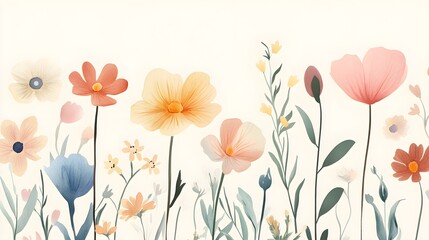 Obraz premium Soft pastel watercolor wildflowers painted in a loose, minimalistic style, randomly arranged on a light beige background, evoking a peaceful and natural aesthetic 