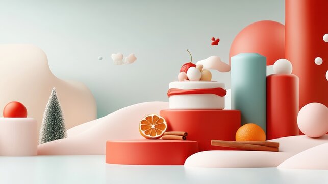 Colorful abstract scene with geometric shapes and fruity elements.