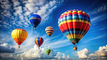 Fototapeta premium Minimalist hot air balloons flying in blue sky with clouds