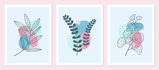 leaf line art drawing with abstract shape. Art design for print, cover, wallpaper, Minimal and natural wall art. Vector illustration.