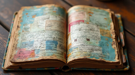 Obraz premium An Antique Calendar Transformed into an Art Journal: An Open Spread Featuring Mixed Media Artwork, Serving as a Creative Canvas for Testing and Practicing Various Techniques.