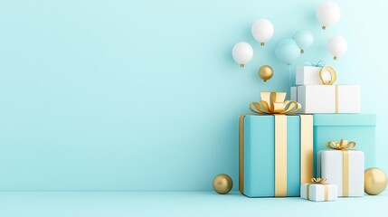 Colorful gift boxes with balloons on a turquoise background.