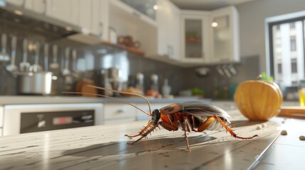 A Cockroach Crawling on a Kitchen Countertop