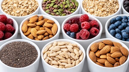 Colorful variety of nuts, seeds, and berries in white bowls on a neutral background.