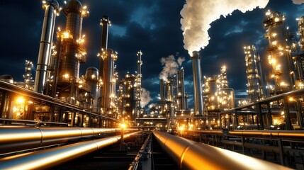 Industrial Complex at Night with Bright Lights