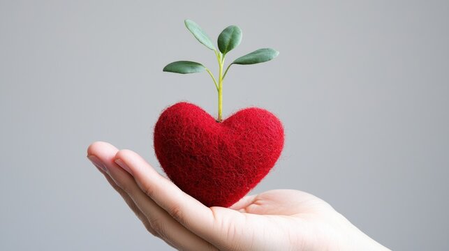 Cultivating Emotions: Hand nurturing plant from heart symbolizes emotional care and growth in mental health journey.