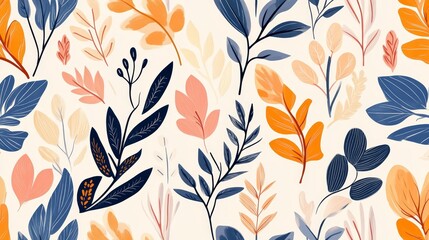 Fototapeta premium Abstract Watercolor Floral Seamless Pattern with Blue Orange and Pink Leaves on Cream Background