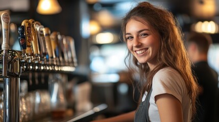 Smiling Bartender Behind a Beer Tap in a Pub