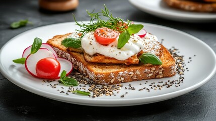 Delicious avocado toast with cherry tomatoes and radishes on a white plate.