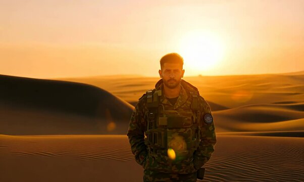 Tunisian Man Standing with Armed Soldiers in Sunset Desert