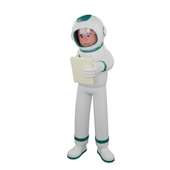 3D Male Space Expert. A male astronaut stands while writing on a stack of papers he is holding.  Illustrated Cosmic Travel Character
