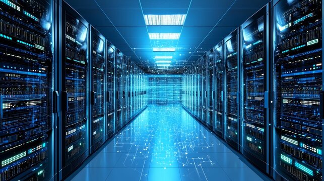 Data Center Server Room with Digital Network Connections