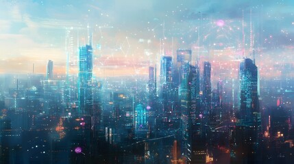 A futuristic city skyline with glowing lights and digital connections