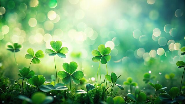 Minimalist lush green clovers with dreamy bokeh background