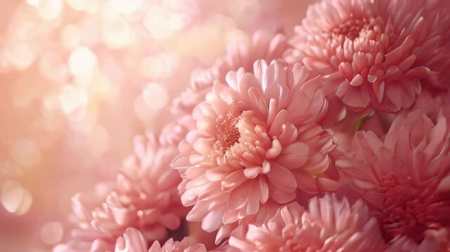 Close-up of pink chrysanthemum flowers against a dreamy, sparkling bokeh background for a romantic ambiance.