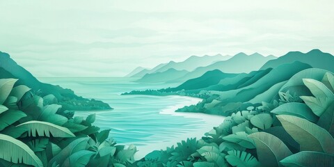 Vast ocean coastline merging with lush hills shrouded in morning fog, showcasing the beauty of unspoiled nature High-quality image