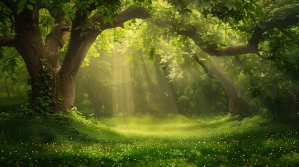 Obraz premium Sunbeams through a Lush Forest Clearing