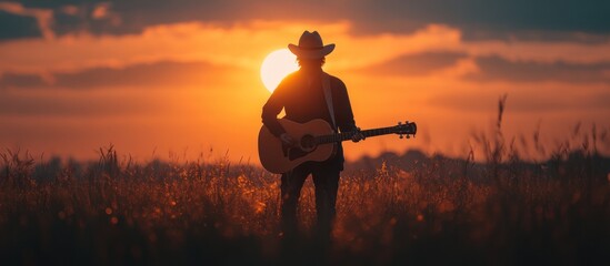 A lone cowboy silhouette stands in a field playing an acoustic guitar at sunset.
