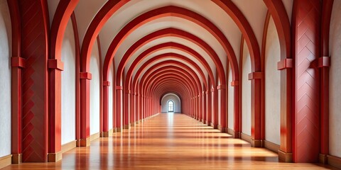 Minimalist monastery hallway with wooden red arches