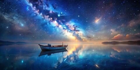 A solitary boat rests upon the tranquil waters, reflecting the mesmerizing celestial tapestry of the Milky Way and a radiant shooting star, amidst the vastness of the night sky.