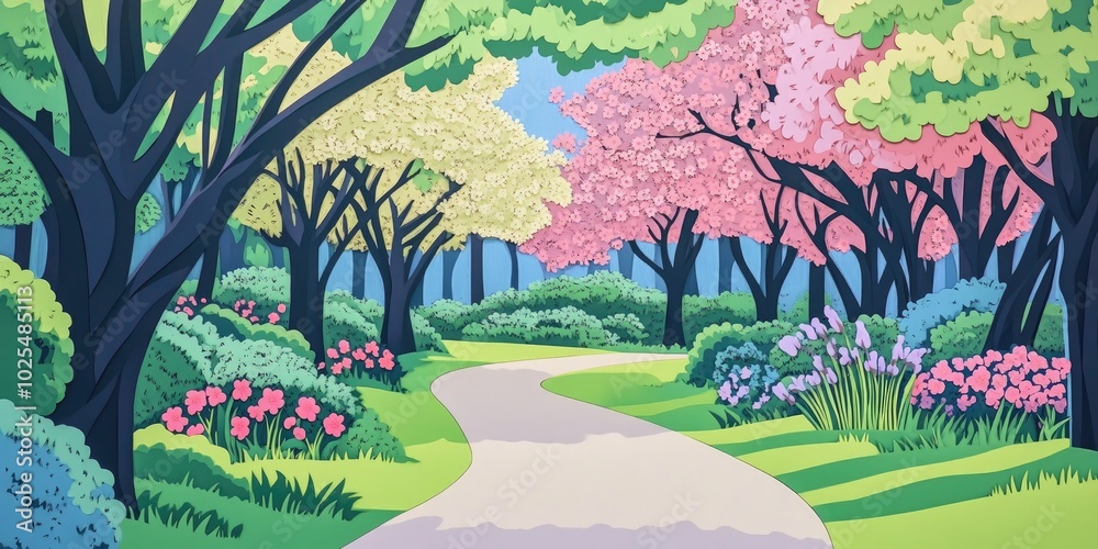 Poster Tranquil spring pathway in a city park - fresh blooms and vibrant scenery on a beautiful spring day, Tranquil spring pathway in a park with fresh blooms and vibrant scenery