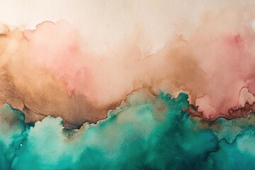Minimalist oil and ink painting on watercolor paper in dusty rose, teal, and tan colors, shot from a low angle