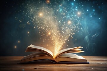 Minimalist open book with magical dust floating over it