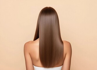 Beautiful woman with long, healthy, straight, shiny brown hair in a back view, isolated on a beige background