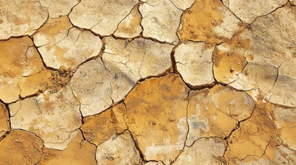 Fototapeta premium bird's-eye view of fragmented soil, intricate craquelure effect, terracotta-colored earth, drought-ravaged landscape, parched ground closeup, environmental crisis depiction, barren wasteland texture, 