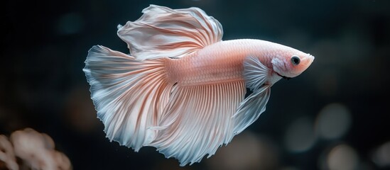 Obraz premium A pink betta fish with long flowing fins swims through the water in a fish tank.