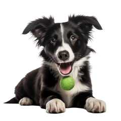 Fototapeta premium Happy Black And White Border Collie Dog Lying With Green Tennis Ball