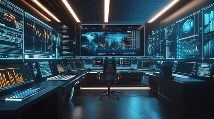 A modern studio filled with high-end computers and large screens displaying vibrant digital waveforms. A cutting-edge environment showcasing technology, innovation, and digital creativity,