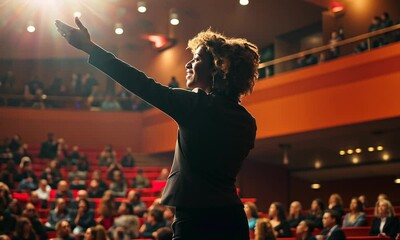 Woman Giving Presentation on Stage