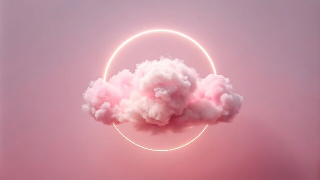 Minimalist photo of a single light pink cloud with a circle and pink lights in the sky