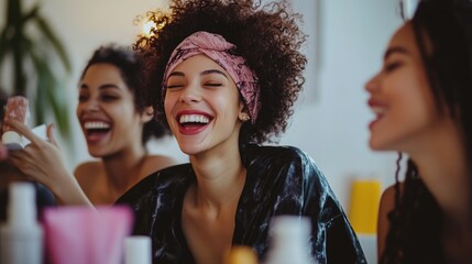 Three young women are laughing together in a bathroom, surrounded by beauty products.