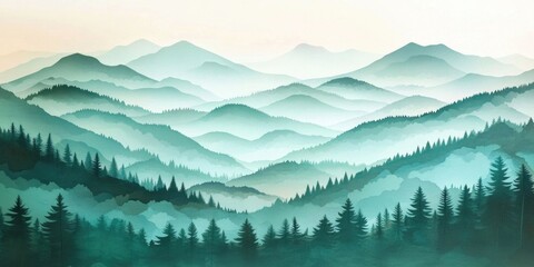 Stunning mountain landscape at dawn, featuring foggy hills shrouded in forest The image has a nostalgic vibe with a cross-processed retro effect