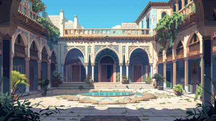 Obraz premium Sunlit Courtyard with a Pool and Arched Entranceways in an Ornate Building