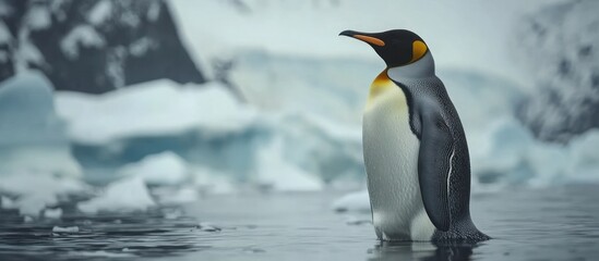 Fototapeta premium A single king penguin standing in icy water with a backdrop of snowy mountains.