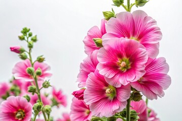 Minimalist pink hollyhock flowers blooming against white background