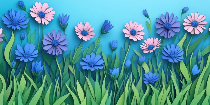 Blooming spring flowers in a meadow A field of cornflowers among lush green grass Gentle spring backdrop featuring ample space for text and personalization