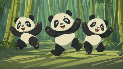 Naklejka premium Three adorable panda bears walking through a bamboo forest, smiling and waving.